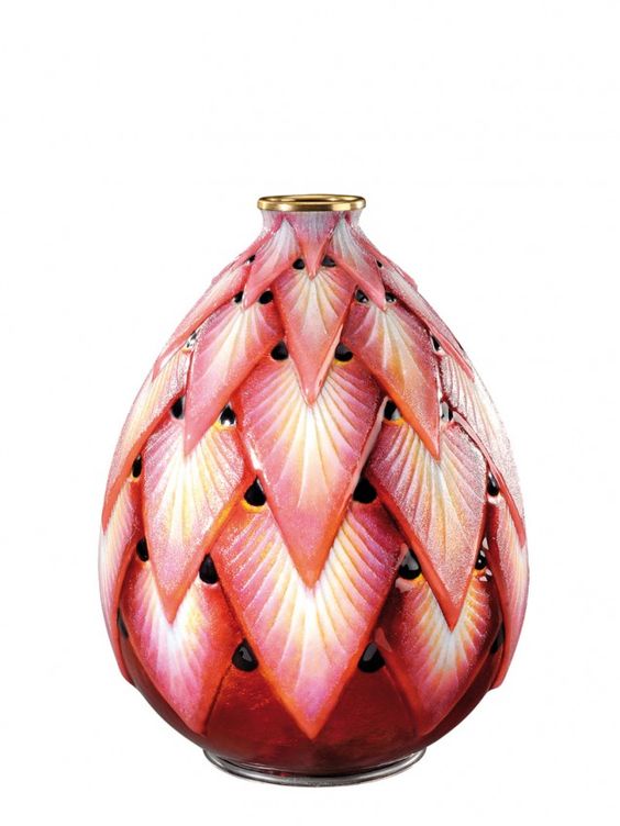 vase en émail sur cuivre et paillon d'argent, atelier camille fauré, limoges, émail en volume, année 1920